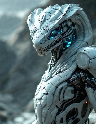The primary subject of the image is a futuristic robot with a white and grey color scheme. The robot has a large head with a mouth and teeth, giving it a menacing appearance. The setting is a rocky environment, with the robot standing in front of a large rock. The visual style of the image is a combination of photo and digital art, creating a unique and intriguing scene. The colors and mood of the image are dark and mysterious, with the robot's design and the rocky background contributing to